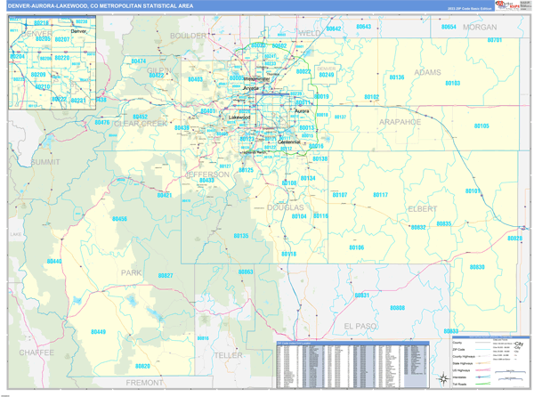 Denver-Aurora-Lakewood Metro Area Wall Map Basic Style